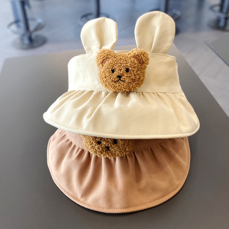 Mũ che nắng hở chóp bằng cotton mềm mại họa tiết gấu hoạt hình có tai dễ điều chỉnh thời trang mùa hè dành cho trẻ em