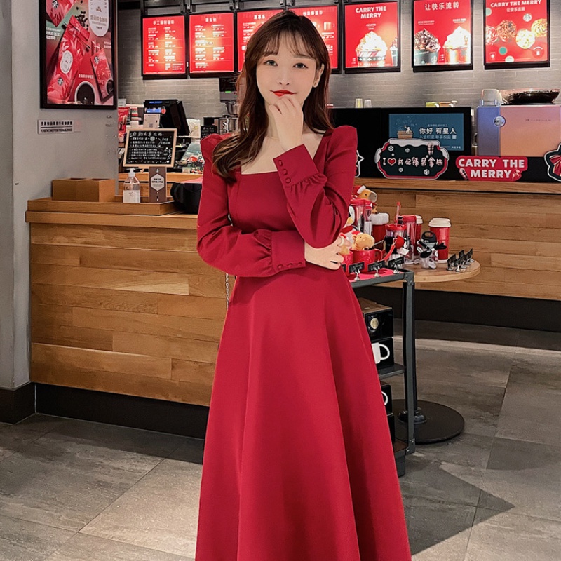 Đầm midi màu trơn thời trang mùa thu hàn quốc cho nữ