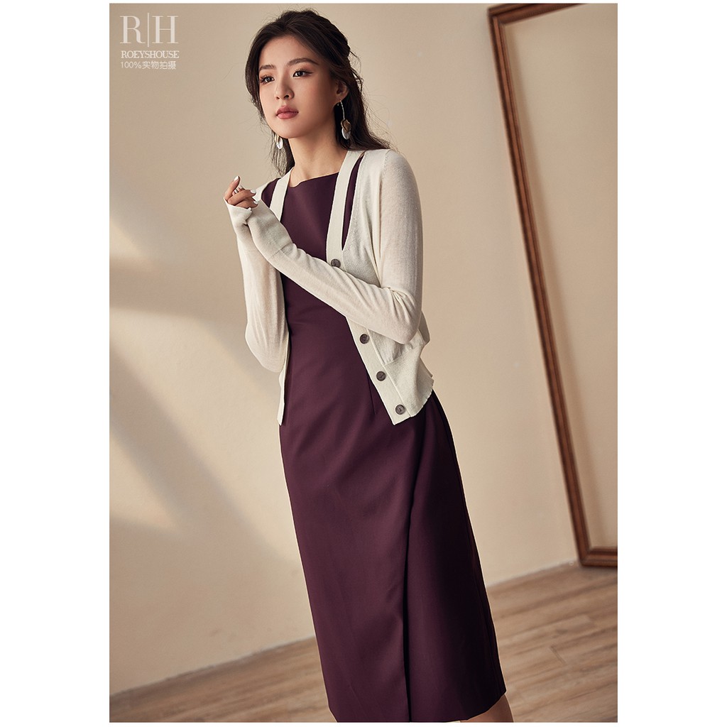 Đầm cổ sát vạt đấp chéo sang trọng màu tím than