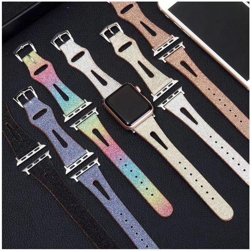 Dây Đeo Đồng Hồ Bằng Da Lấp Lánh 38mm 40mm 41mm 42mm 44mm 45mm Cho iWatch Series 7 6 5 4 3