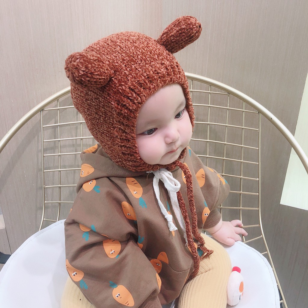 Nón len 2 sừng nâu cột dây đáng yêu cho bé