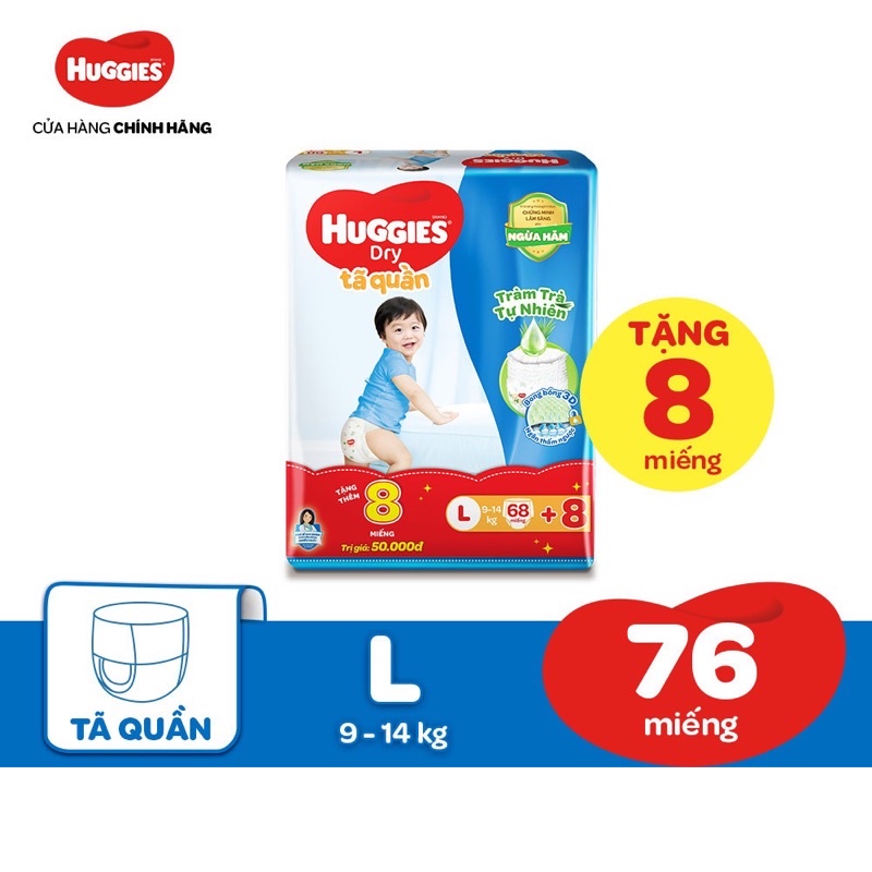 ( Tặng 8 Miếng ) Tã Quần Huggies Dry Size L - 68 Miếng