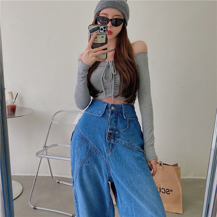 QKOOLE Quần jean dài  dáng rộng lưng cao phong cách Hàn Quốc cho nữ