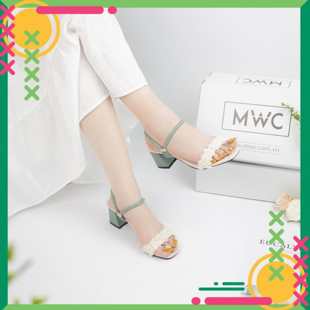 🌈FREESHIP🌈 Giày cao gót nữ quai ngang phối ren đế vuông MWC NUCG-3917