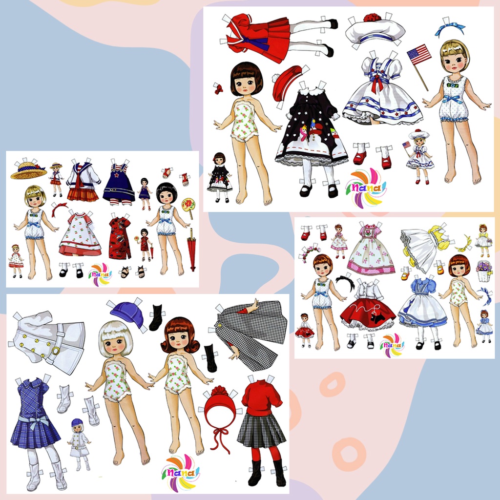 Búp bê giấy thay đồ ( paper doll) đồ chơi cắt thủ công cho bé Combo 4 hình siêu đáng yêu, siêu nét BBG0016