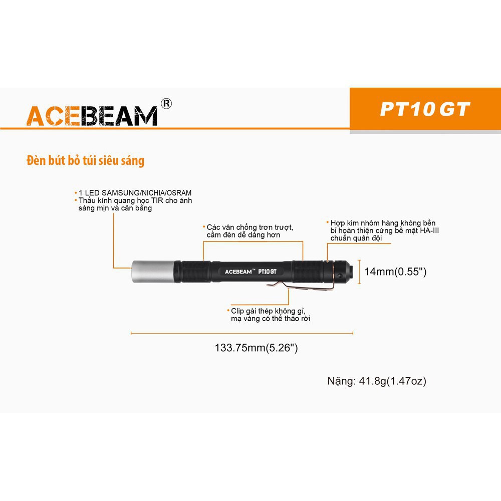Đèn bút ACEBEAM PT10GT LED OSRAM sáng 250lumen chiếu xa 123m pin Li-ion 10900 USB kèm theo Đèn &amp; Đèn pin