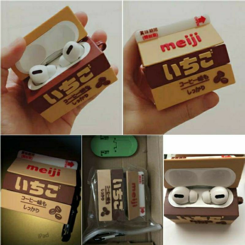 (Order 10 ngày) Case bảo vệ Airpods Pro/1/2/Huawei Freebuds 3 chai sữa và hộp sữa Meiji vị dâu màu hồng/ sô cô la