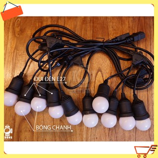 Dây đèn kín nước thả ngoài trời 7.5 mét 15 đui đèn e27 + 1 dây nguồn 1,2m chịu tải 1500w, bộ đui chống nước