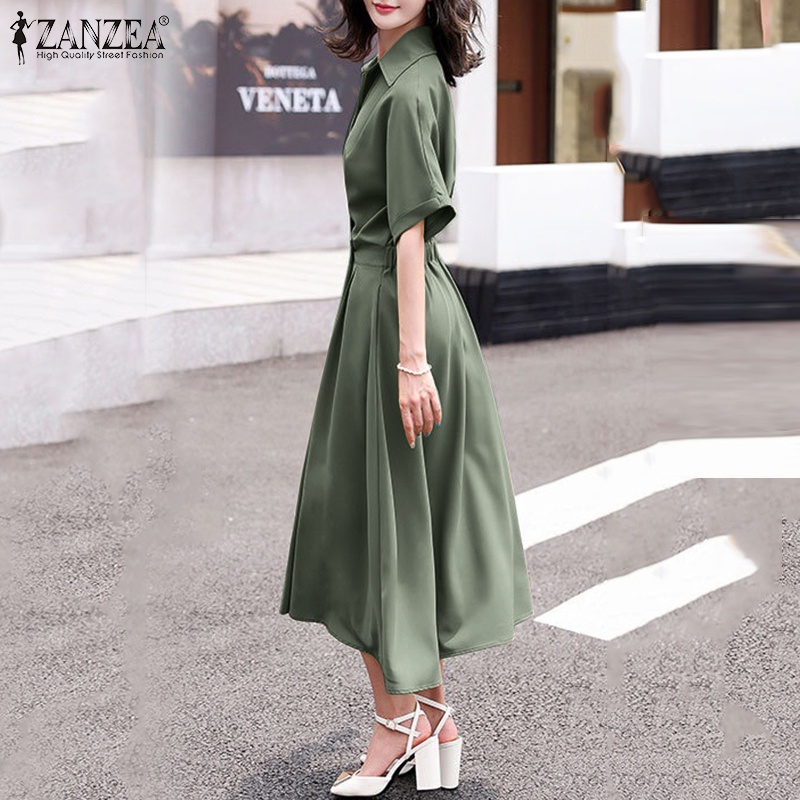 Đầm dài ZANZEA tay lửng eo co giãn màu trơn thời trang dành cho nữ