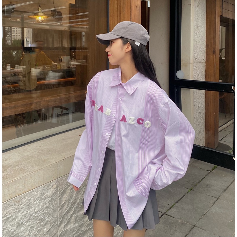 Áo Sơ Mi Tay Dài Kẻ Sọc Hoạ Tiết Chữ Thêu Phong Cách Hàn Quốc