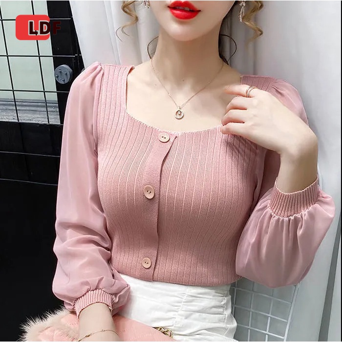 Áo Lưới Cổ Vuông Tay Dài Phồng Phối Màu Tương Phản Thời Trang Cho Nữ