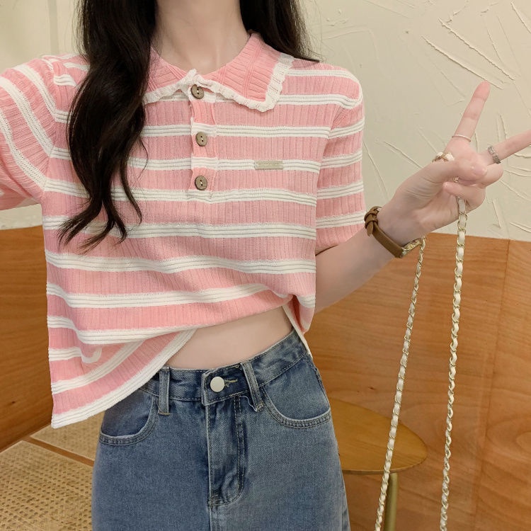 Áo polo Dệt Kim Tay Ngắn Họa Tiết Kẻ Sọc Màu Sắc Tương Phản Thời Trang Mùa Hè 2022 Cho Nữ