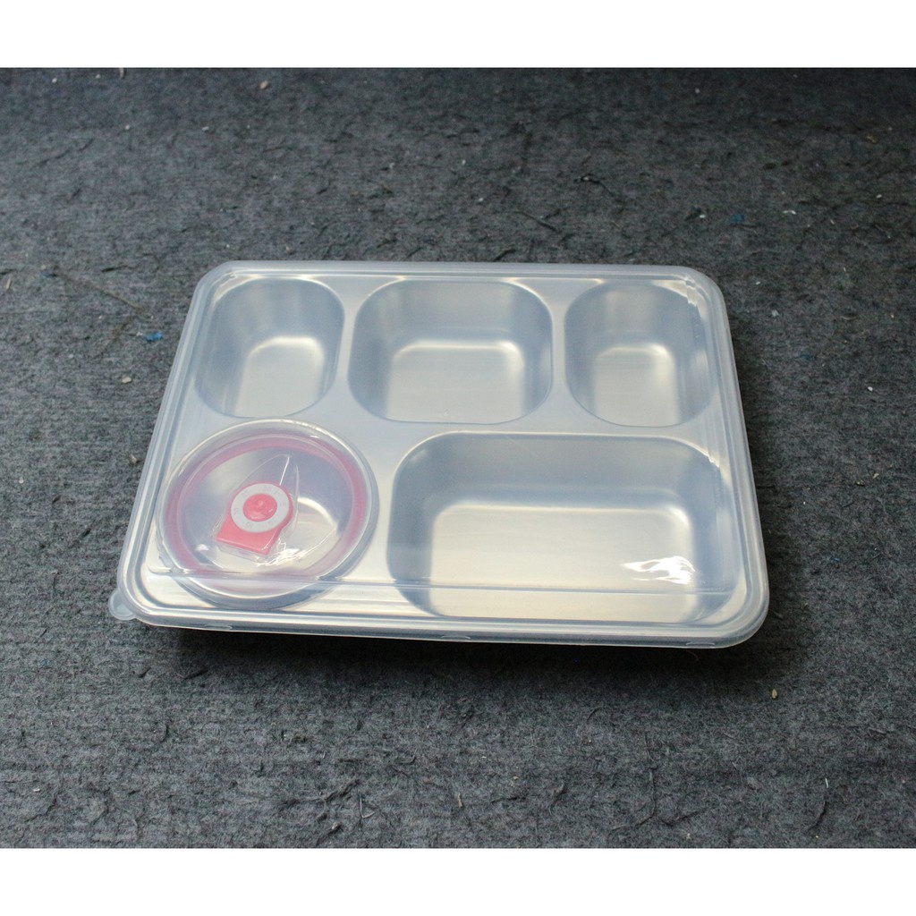 Khay Cơm Inox 5 Ngăn LUNCH BOX Có Nắp Đậy An Toàn Vệ Sinh - Kèm Thìa Và Đũa