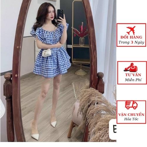 Váy trễ vai caro nữ bèo tầng tiểu thư bánh bèo ulzzang Hàn Quốc