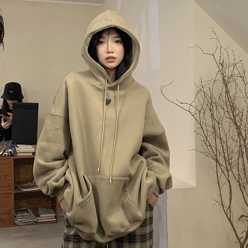 Áo hoodie tay dài dáng rộng màu nâu kaki in họa tiết trái tim thời trang mùa thu 2022 mới