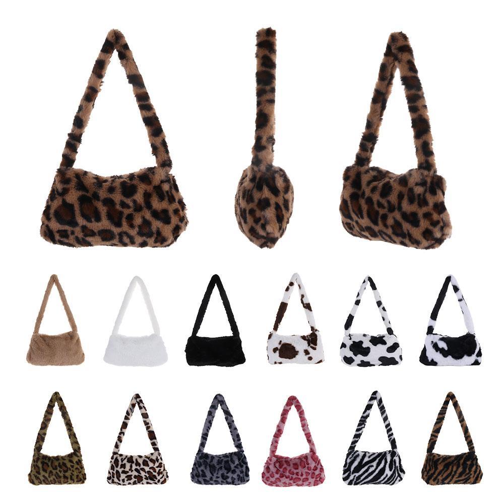 Bebetform 1Pc Fashion Plush Underarm Handbag Zipper Faux Fur Soft Leopard Print Shoulder Bag