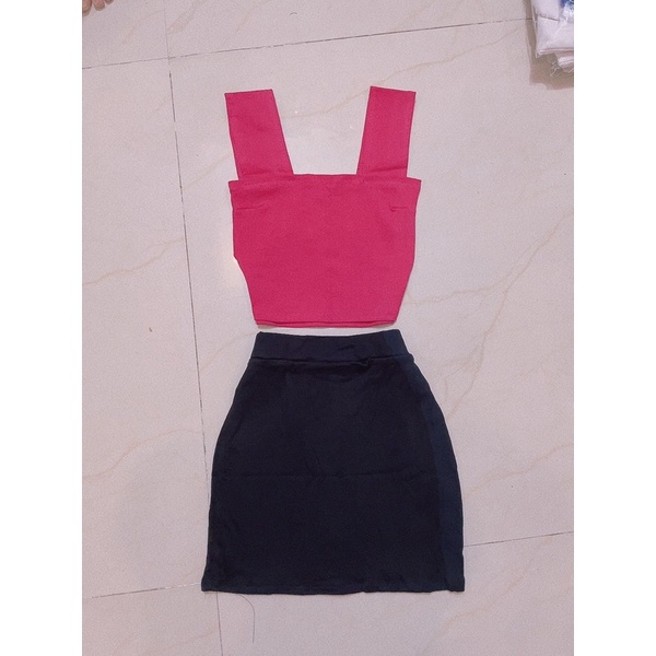 Set áo 2 bảng lớn chân váy ôm - hình thật - freesize dưới 52kg - carotshop