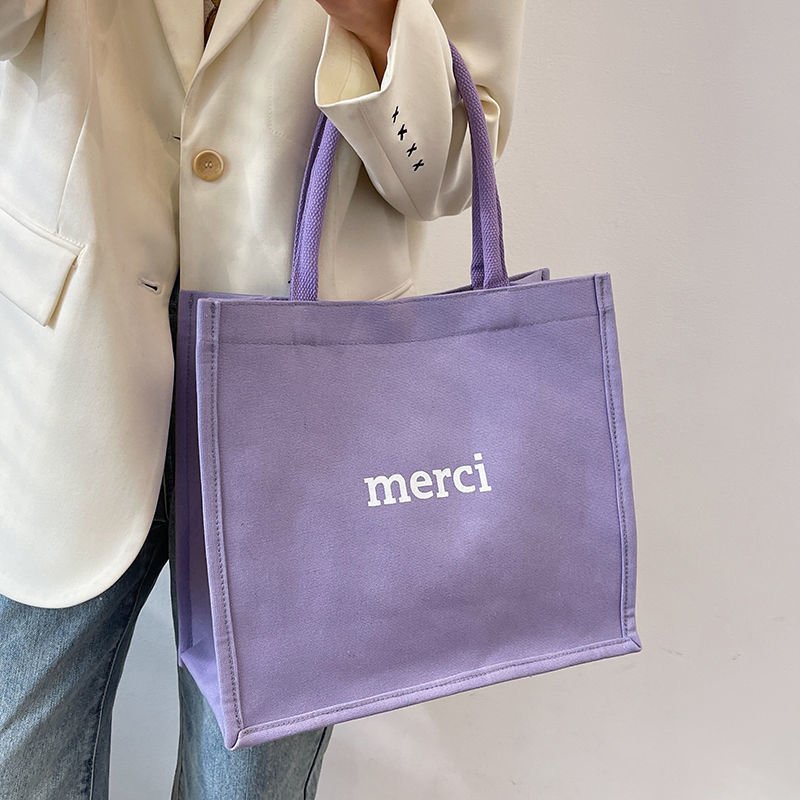 Túi tote vải canvas nữ đeo vai in chữ MERCI phong cách thời trang trẻ trung