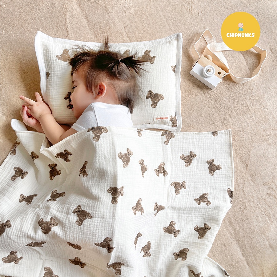 Bộ Chăn gối xô muslin cao cấp organic Chipmunks 4 lớp cho bé thấm hút nhanh, không gây kích ứng da