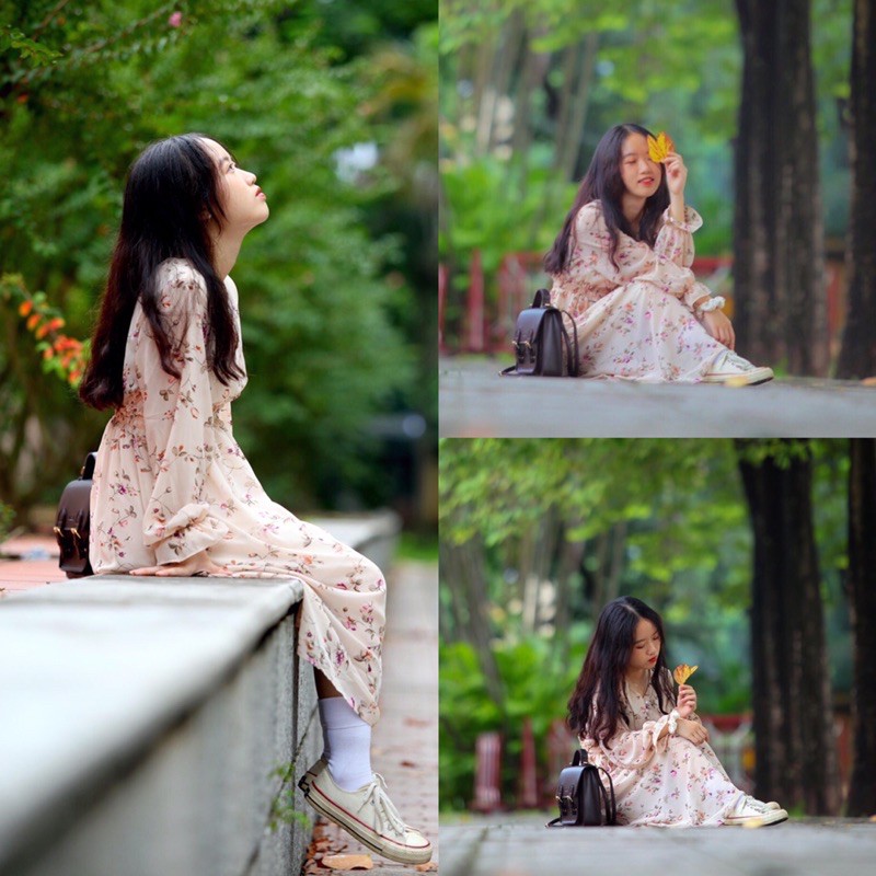 Váy hoa nhí vintage dáng xoè cổ V dáng dài đẹp nhẹ nhàng Đầm ulzzang