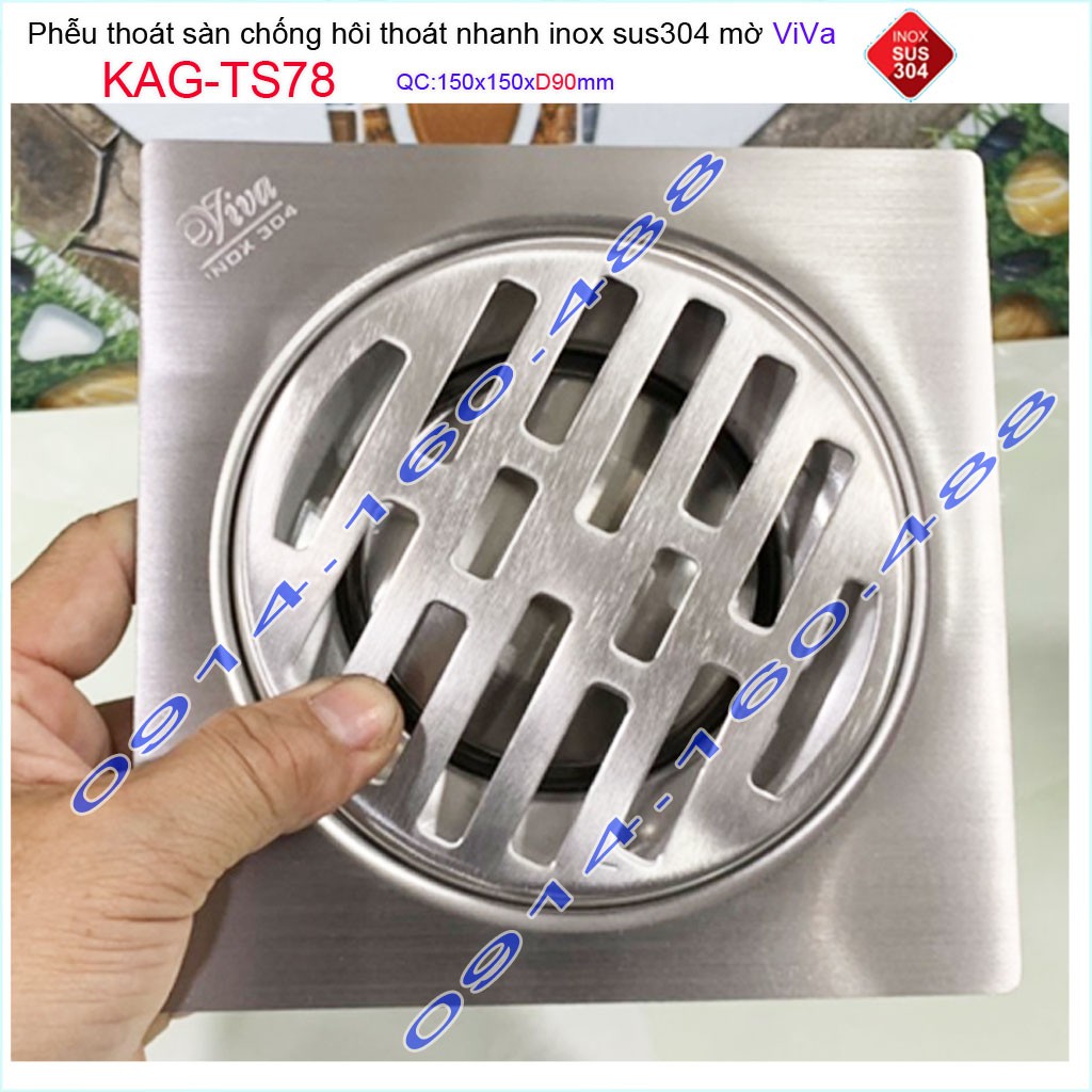 Phễu thoát sàn Viva KAG-TS78 15x15cm D90, phễu thoát sàn SUS304 đúc liền khối sales 40%, hố ga chống hôi inox 304 dày 1.