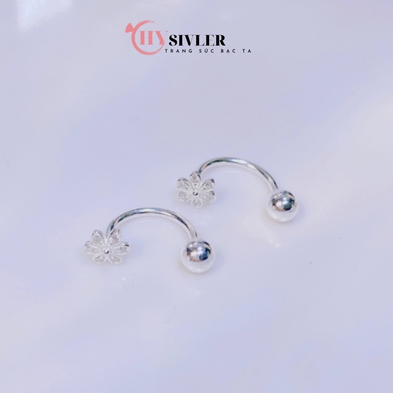 Bông tai bạc ta dạng khoen bông hoa 6 cánh đính đá đeo được 2 kiểu bông tai nữ bạc thật