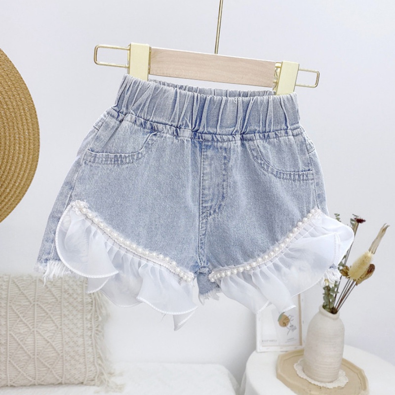 Quần Short Jean Phối Ren Ngọc Trai Cho Bé Gái