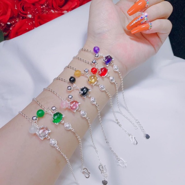 Lắc chân bạc mặt đá hồ ly phong thuỷ đủ màu LC0468