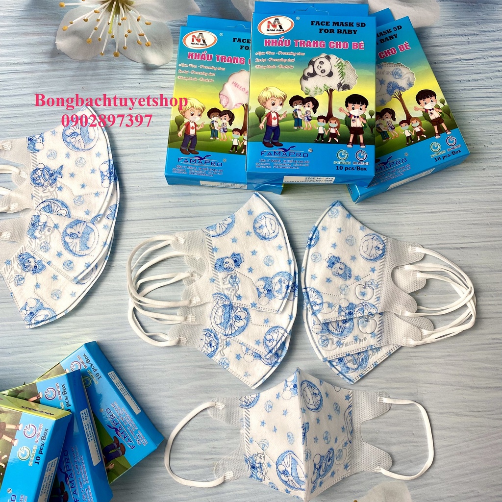 Khẩu trang IN HÌNH DỄ THƯƠNG cho bé FAMAPRO 5D KIDS hộp 10 cái kháng khuẩn Đoremon/ Kitty/ Gấu Trúc/ Kì Lân/ Vịt Donald