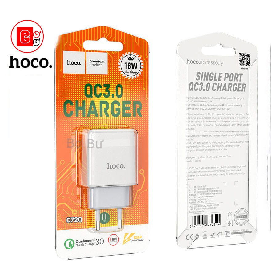 Củ Sạc NHANH 18W Hoco SIÊU BỀN C72Q 3.0QC Chính Hãng,Cốc sạc nhanh, nhập khẩu Đài Loan,v.v…- Bơ Bư