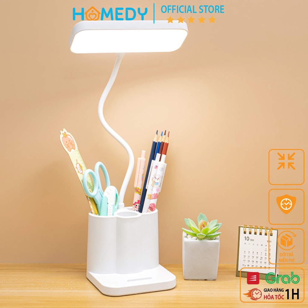Đèn Học Tích Điện HOMEDY 3 Chế Độ Sáng Bảo Vệ Mắt, Chống Cận Thị, Có Khay Đựng Bút, Quạt Và Đế Kê Điện Thoại – HD02