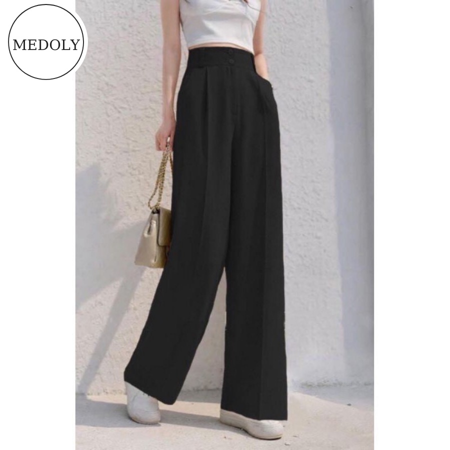 Quần ống suông rộng nữ lưng cạp 2 nút, quần tây ống xuông nữ phong các Hàn Quốc | BigBuy360 - bigbuy360.vn