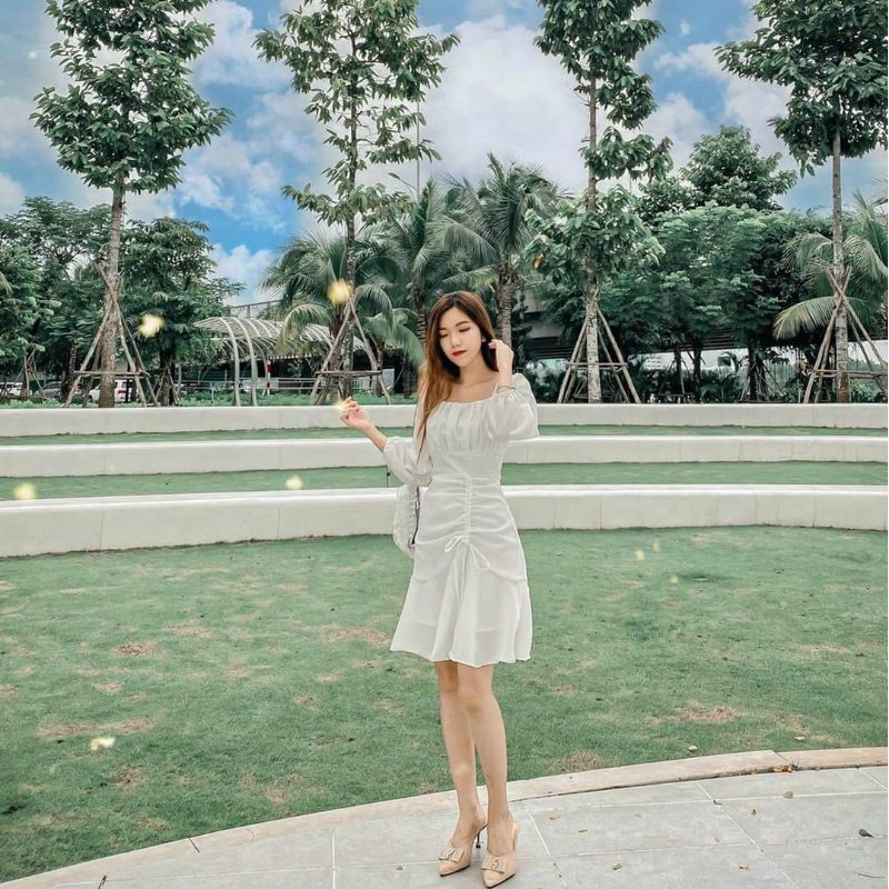 Váy cổ vuông nhún ngực tay dài xinh tươi
