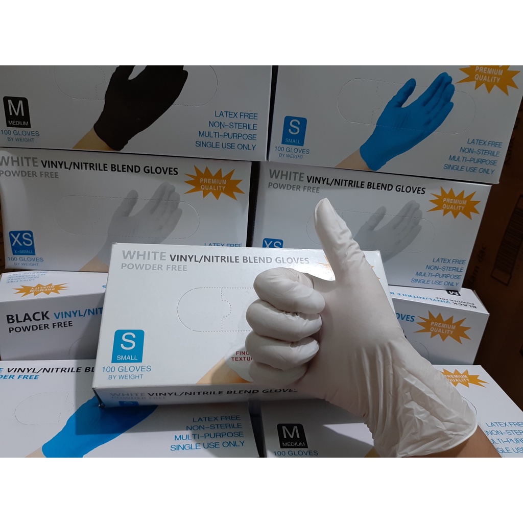 Găng Tay Không Bột Màu Trắng KHÔNG BỘT Vinyl/Nitrile Hộp 100 Chiếc Dùng Trong Làm Tóc Thẩm Mỹ, Spa, Nha Khoa