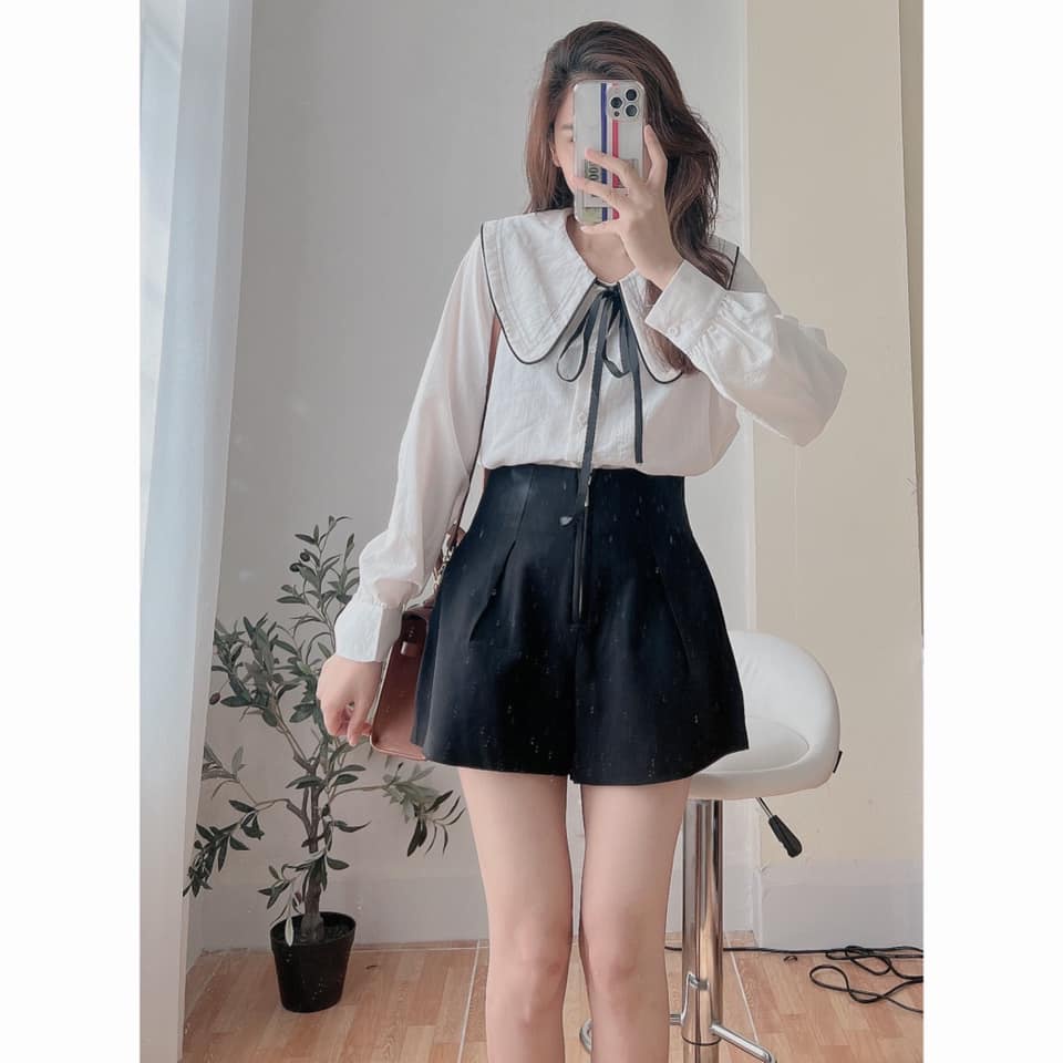 Áo sơ mi cổ bèo viền chỉ thắt nơ 2 màu ulzzang