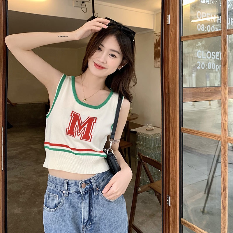 Áo Dệt Kim Không Tay In Chữ Thời Trang Mùa Hè Quyến Rũ Cho Nữ