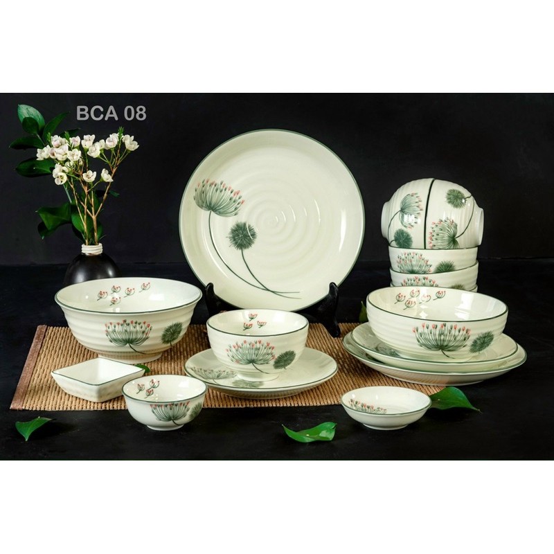 Bộ bát đĩa men kem, họa tiết hoa Bồ công anh vẽ thủ công. Gốm sứ Bát Tràng.