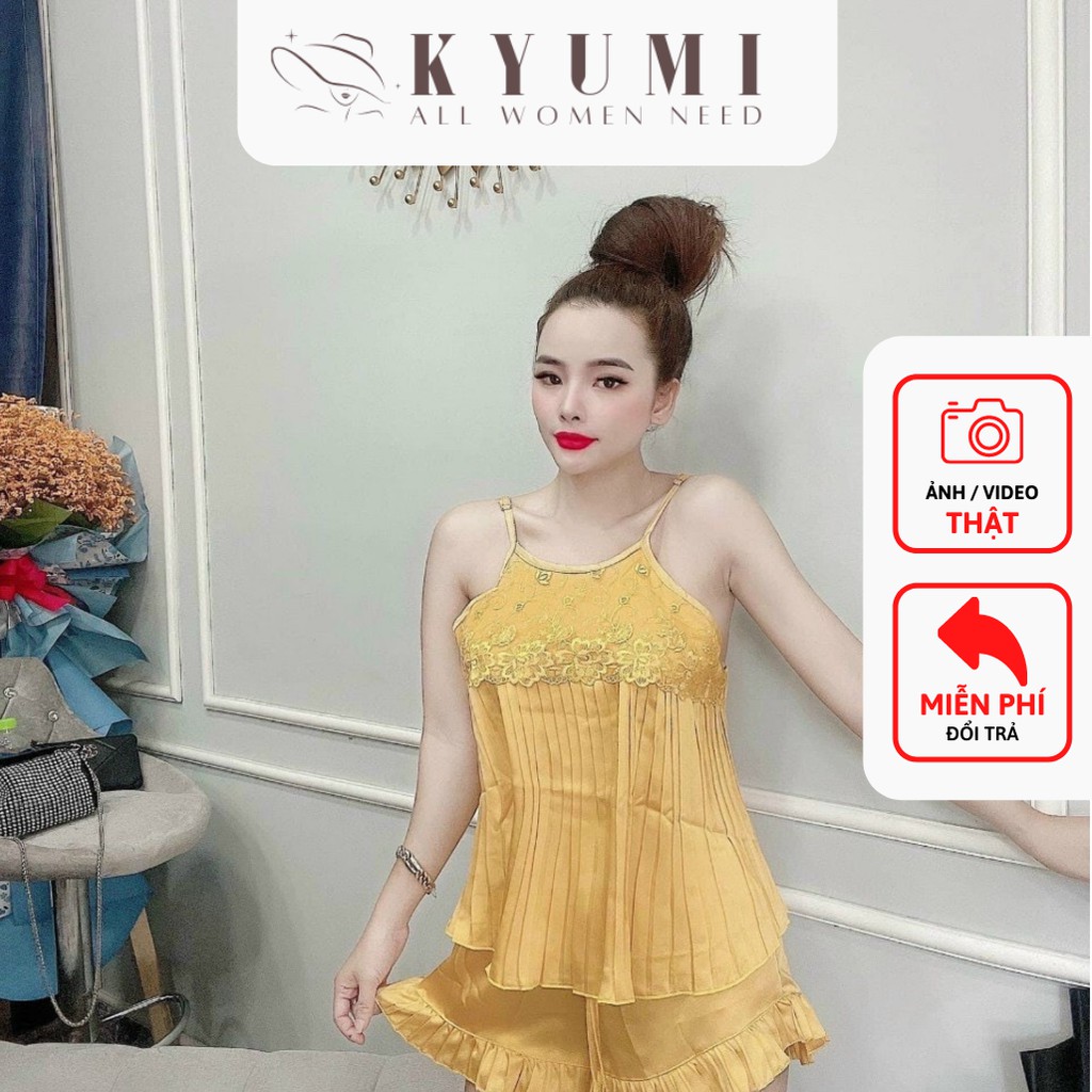 Đồ ngủ sexy yếm 2 dây dập ly phối ren KYUMI OFFICIAL chất liệu lụa satin mềm mịn mát, freesize 40-65kg tùy chiều cao 013 | BigBuy360 - bigbuy360.vn