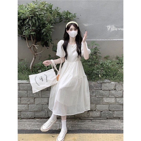 Váy Cổ Vuông Rúm Ngực Chun Lưng Tay Lỡ Dáng Xòe Dài Bồng Bềnh, Đầm Công Chúa Nơ Lưng