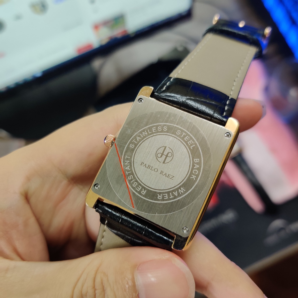 Đồng hồ nam nữ mặt vuông tank Pablo Raezz dây da cực đẹp