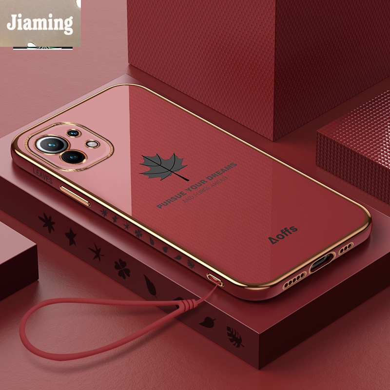 Ốp Điện Thoại Mạ Điện Họa Tiết Lá Phong Sang Trọng Kèm Dây Đeo Cho Xiaomi 11 Lite 11 Pro 11 Ultra