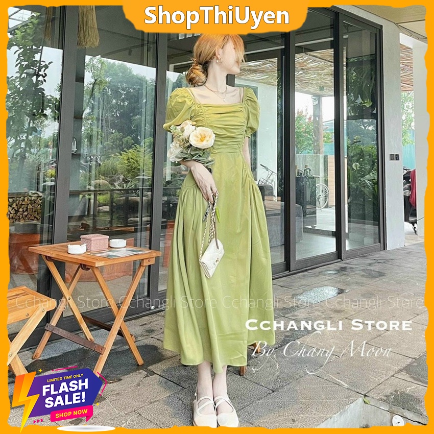 Đầm kate dài nhẹ nhàng nhún ngực tay ngắn cổ vuông form dáng xòe