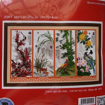 Tranh thêu chữ thập tứ quý  Mai lan truc cuc YA961 36x70cm x4