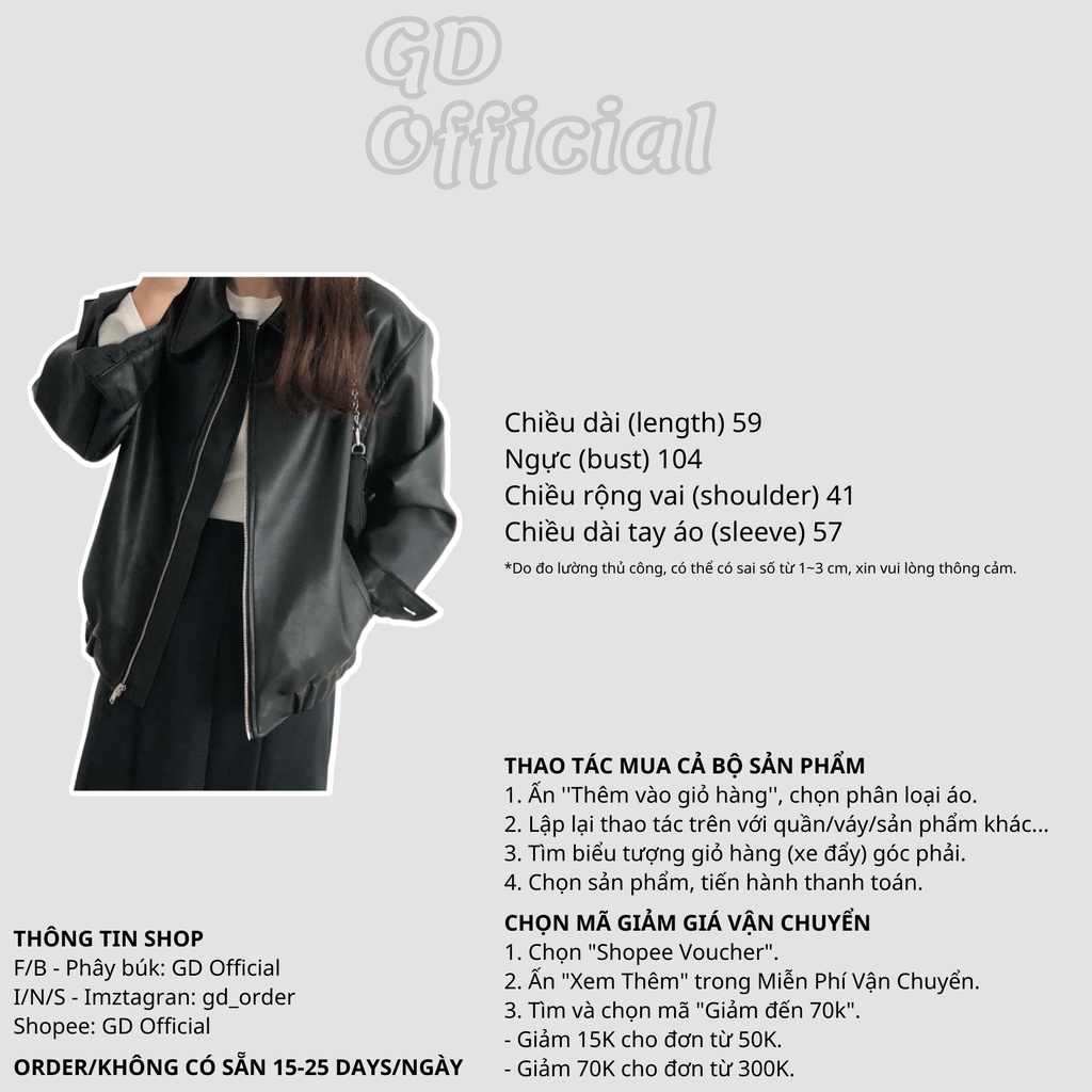 Kda108|Áo khoác da PU dây kéo basic cho nữ nam màu đen, kem gd_order