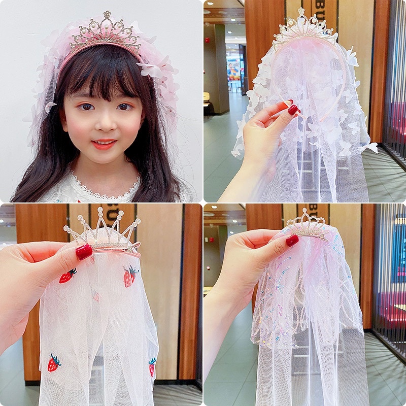 Kẹp Tóc Hình Vương Miện Đính Hạt Phối Ren Màu Trắng Phong Cách Cổ Điển Cho Bé Gái
