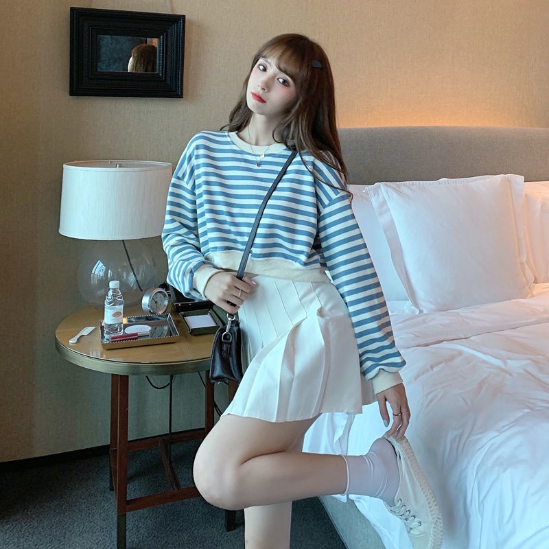 Áo Len Lửng Tay Dài Họa Tiết Sọc Ngang Thời Trang Hàn Quốc Cho Nữ