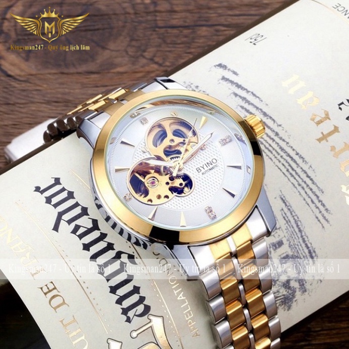 Đồng hồ cơ nam chính hãng Byino dây thép không gỉ đẹp cao cấp, cơ automatic lộ máy sang trọng