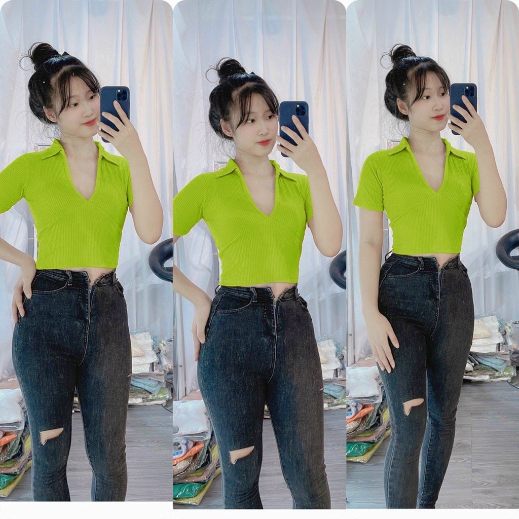 Áo kiểu croptop tay ngắn cổ bẻ V cổ trơn cực xinh , chất thun gân mềm mịn ly