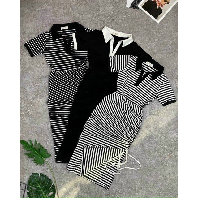 Đầm body tay ngắn nữ chất thun gân kiễu cổ bẻ sơ mi xẽ tà hot 67