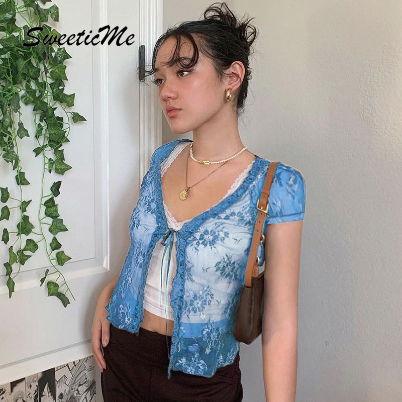 Áo Thun Cardigan Phối Ren Lưới Tay Ngắn Dành Cho Nữ